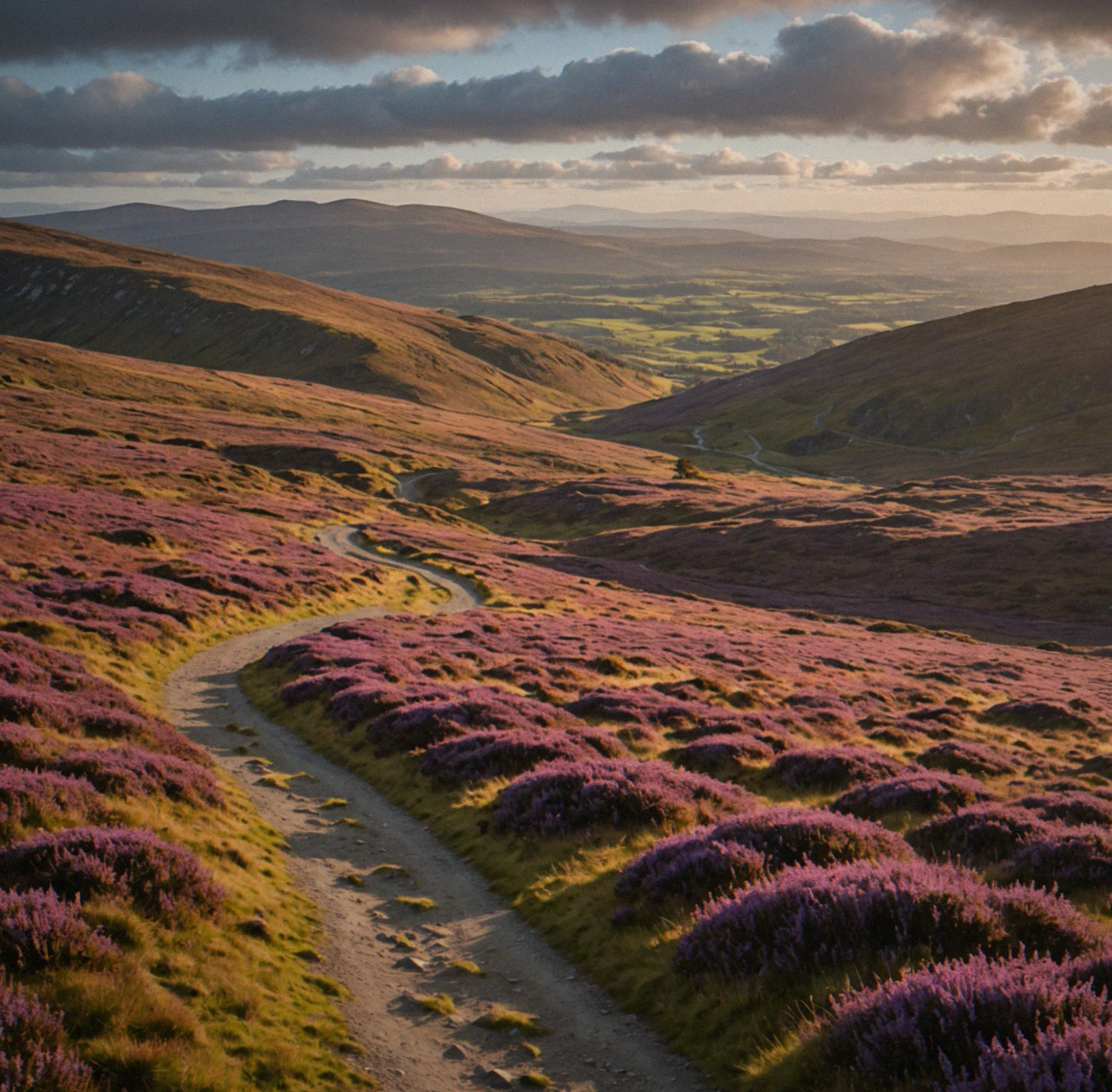 Wide moorland vista with purple heather, scattered birch trees, and rolling hills stretching toward distant mountains under overcast sky