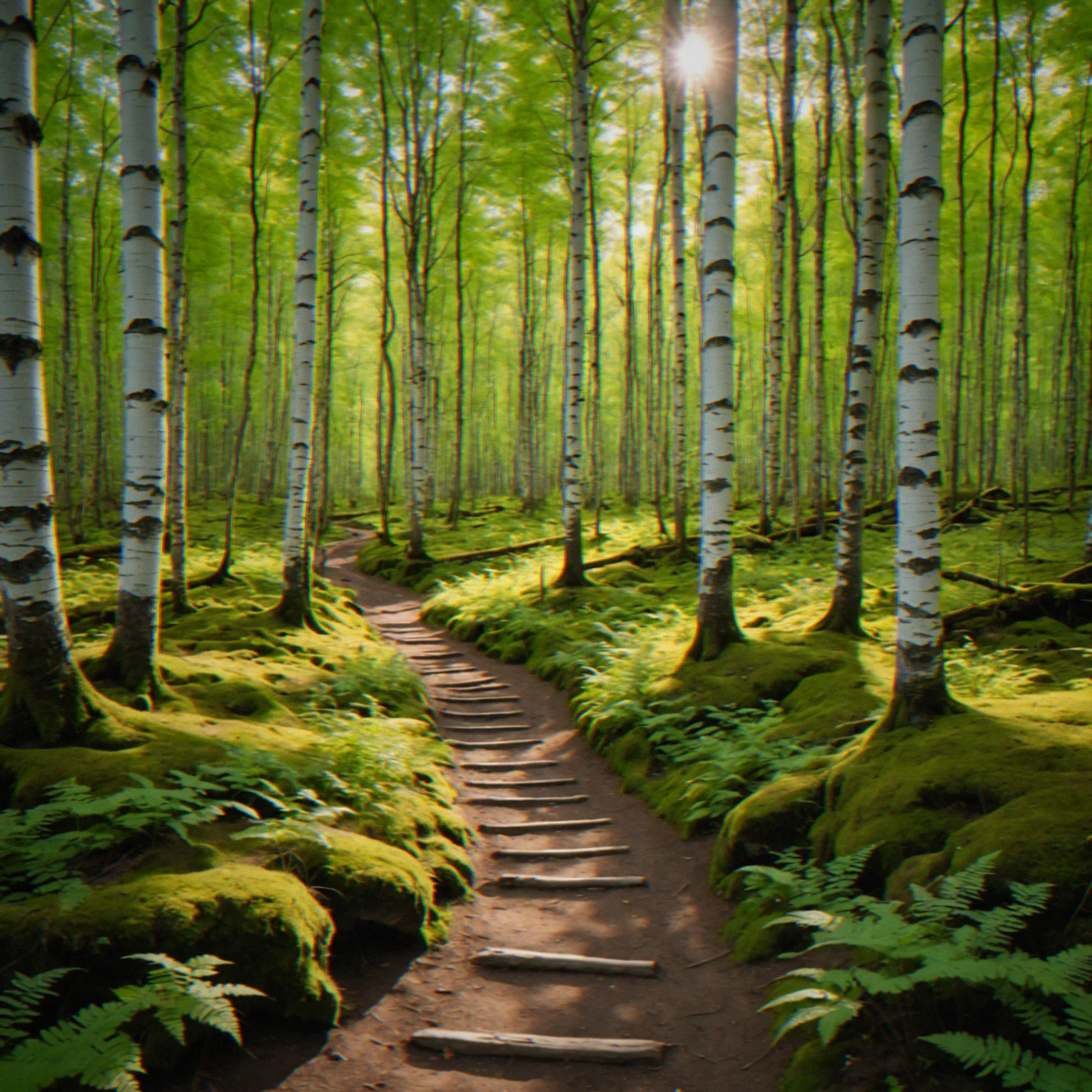 Dense forest of white-barked birch trees with dappled sunlight filtering through canopy onto mossy ground and winding trail