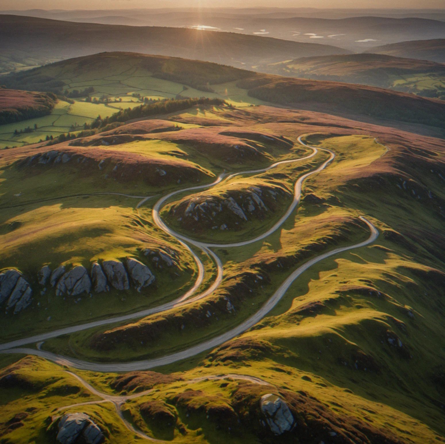 Aerial view of rolling moorland with trails winding through heather and scattered trees, misty mountains far off