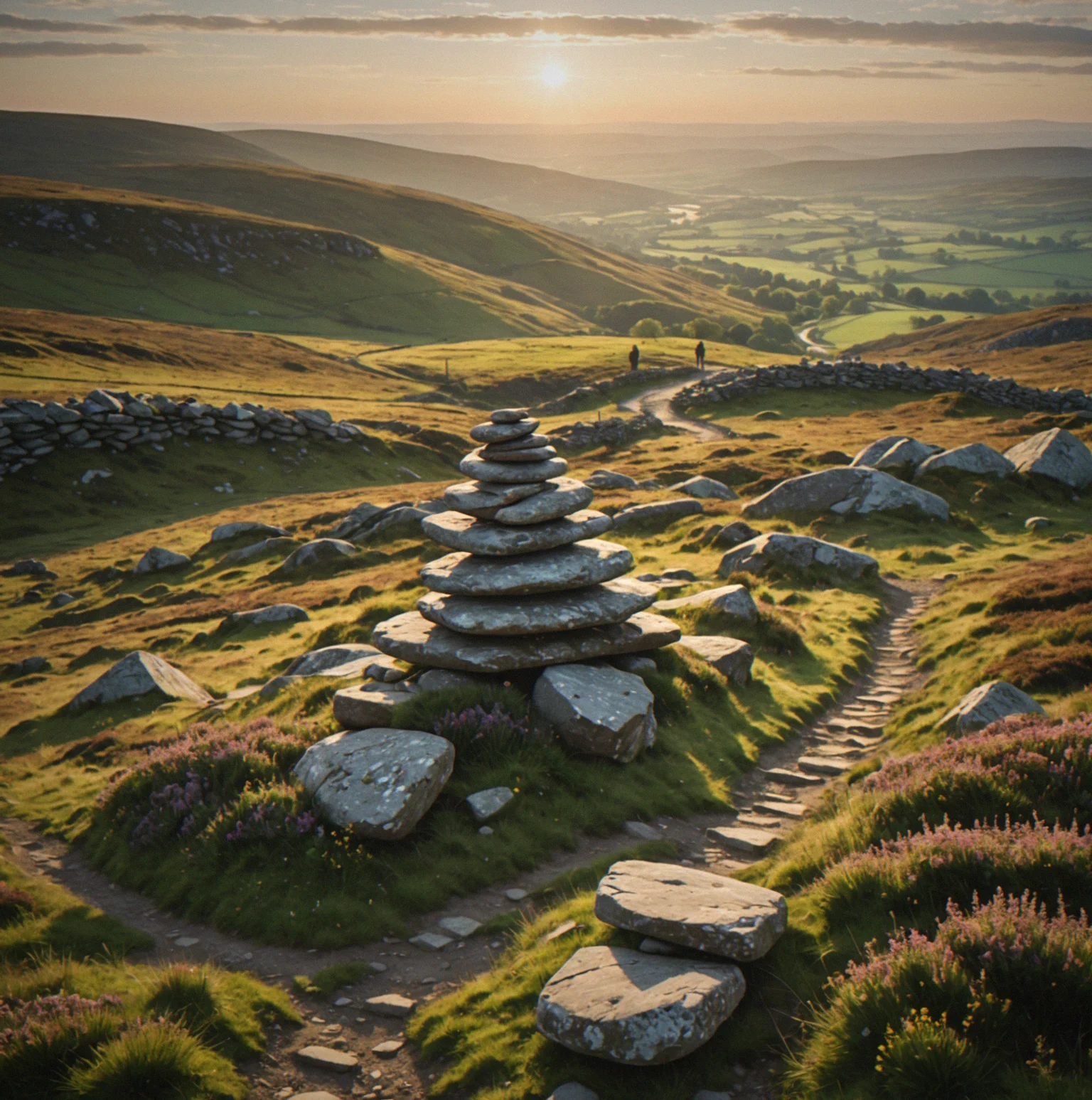 Stone cairn stacked on a hilltop overlooking a winding trail through moorland with distant valleys