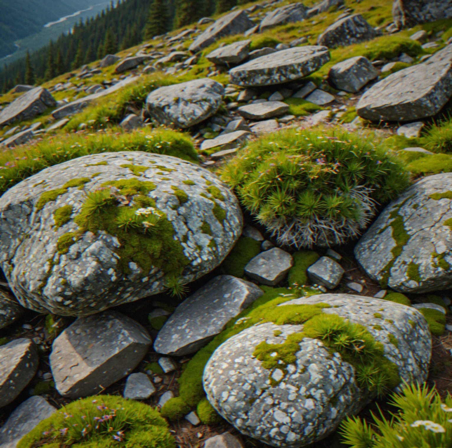 Close-up of silvery lichen-covered rocks with green moss and wild grasses, showing detailed texture of alpine terrain