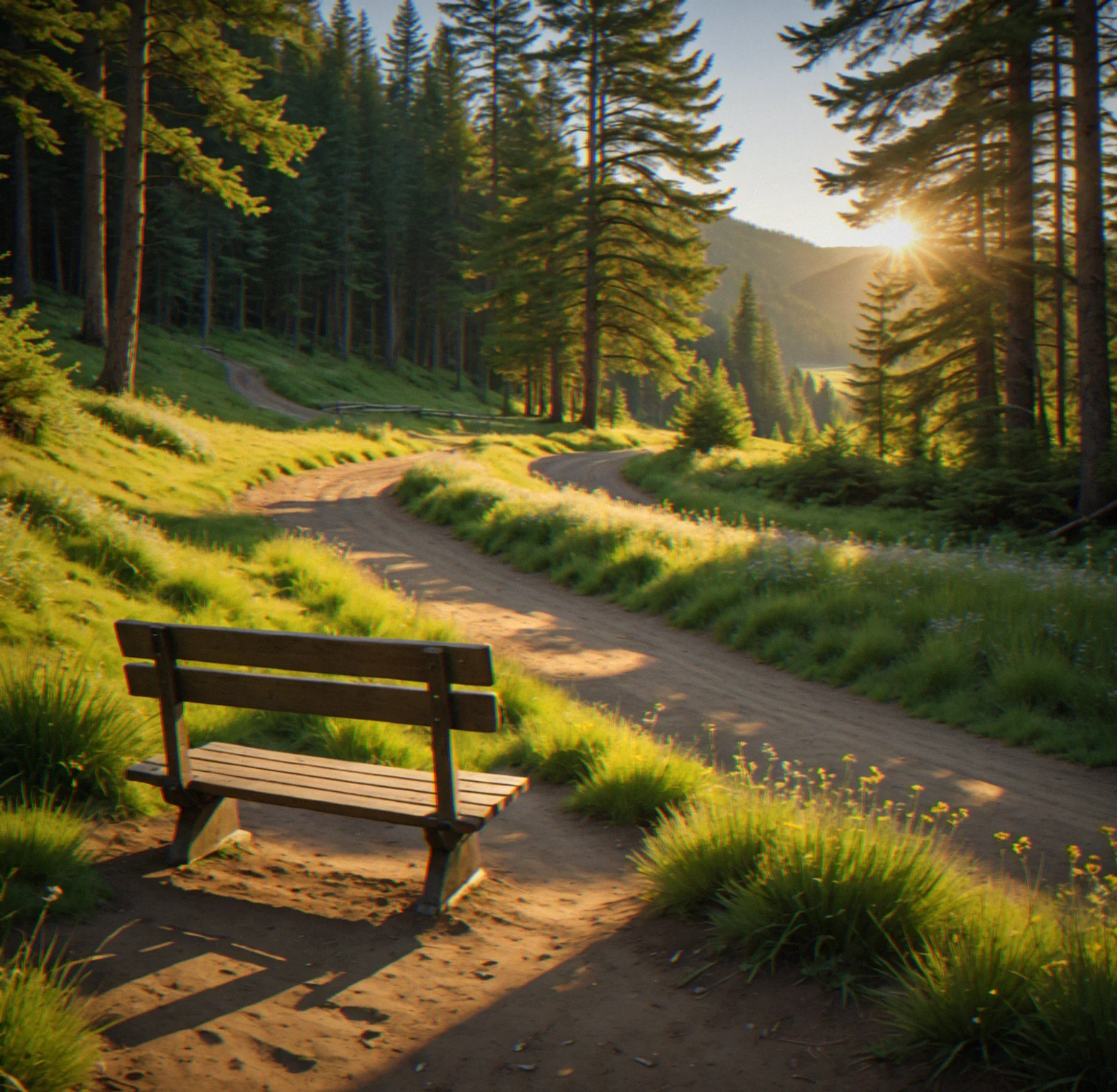 Empty bench facing a valley view with golden-hour sunlight casting long shadows across a forest clearing