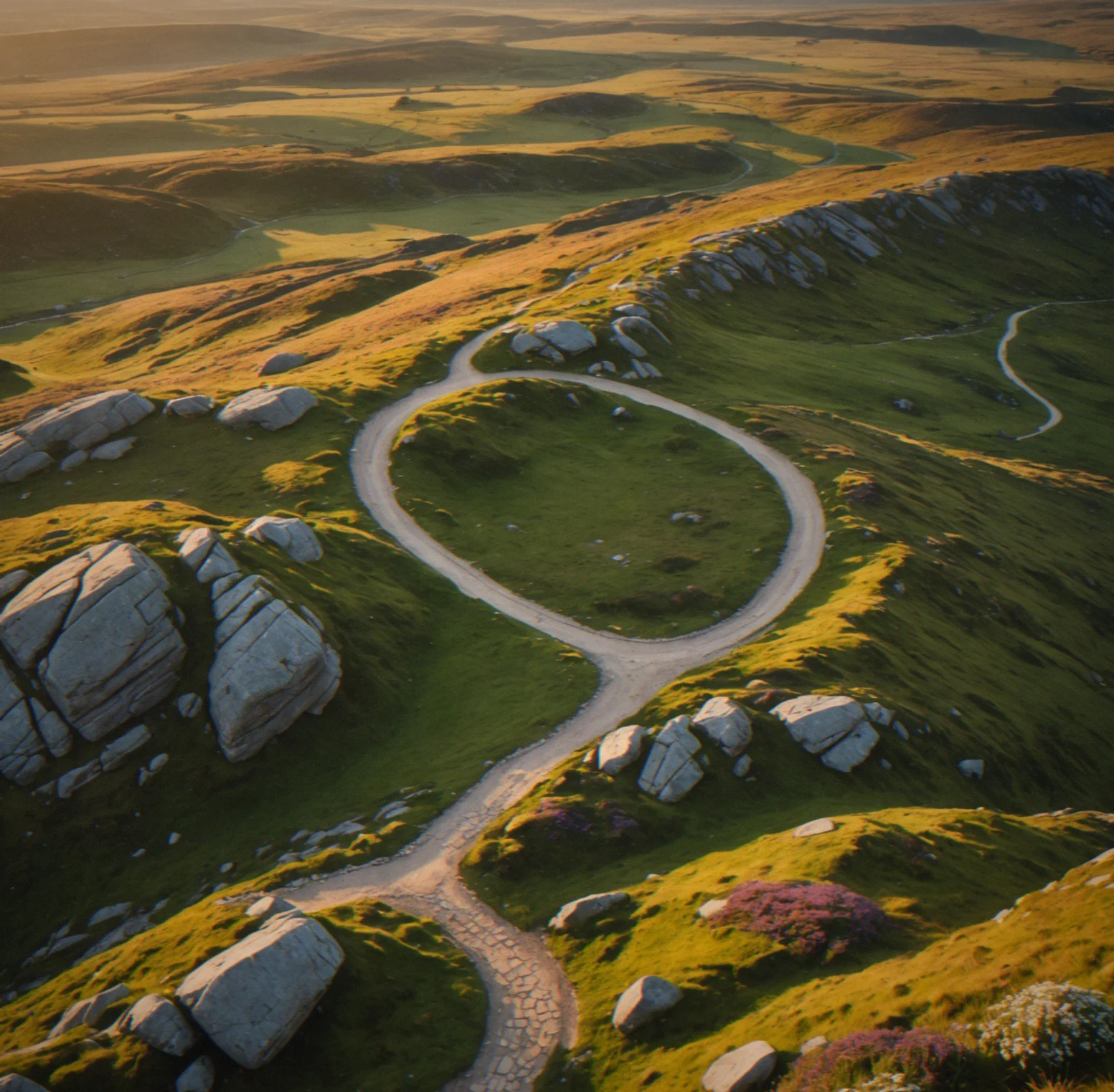 Overhead view of a winding trail cutting through brown moorland with scattered rock outcrops and sparse vegetation