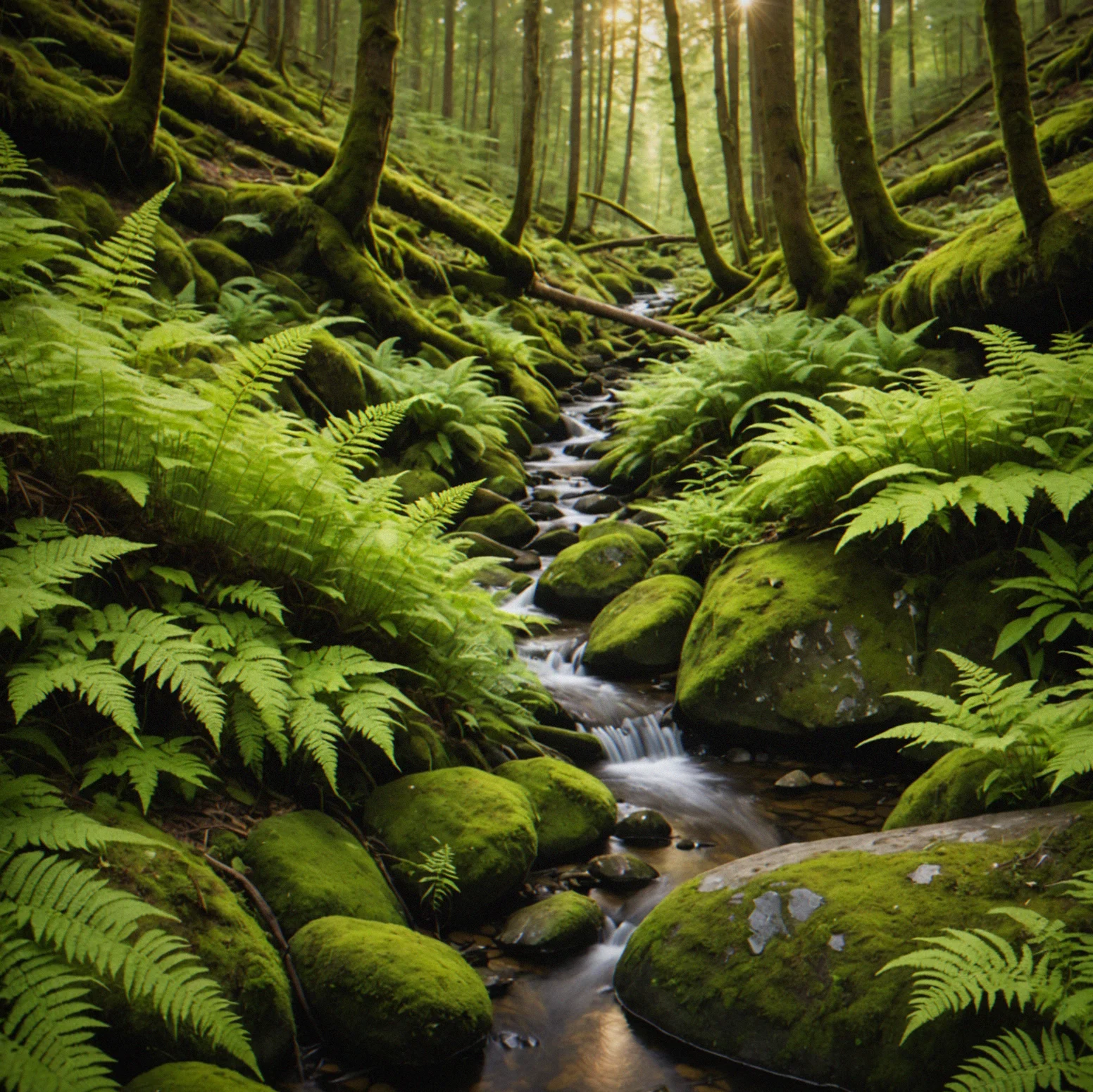 Close detail of delicate ferns unfurling beside a small stream with moss-covered rocks and filtered forest light