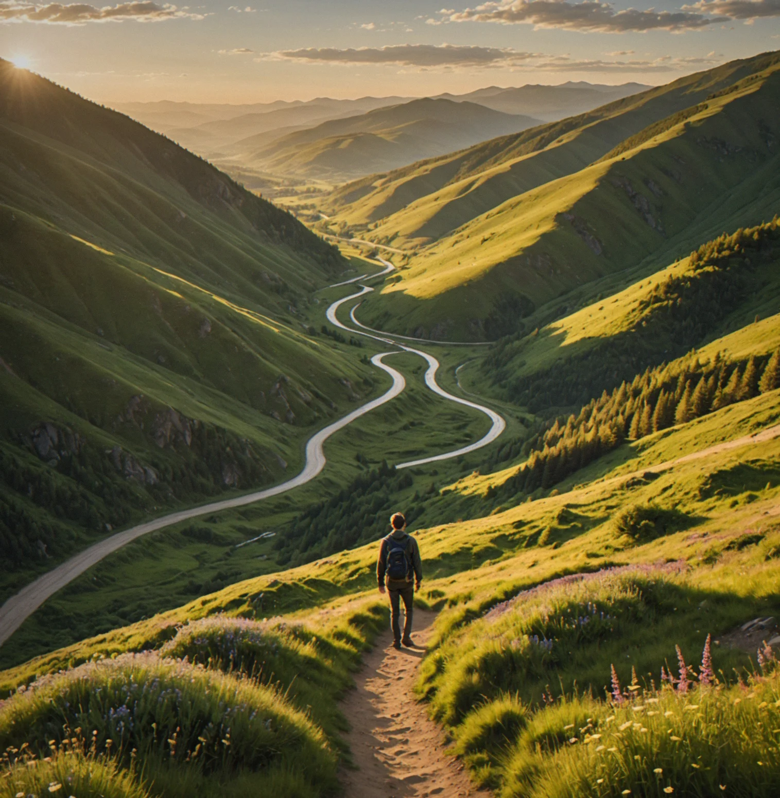 A lone figure standing on a hillside viewpoint overlooking layered valleys in soft afternoon light