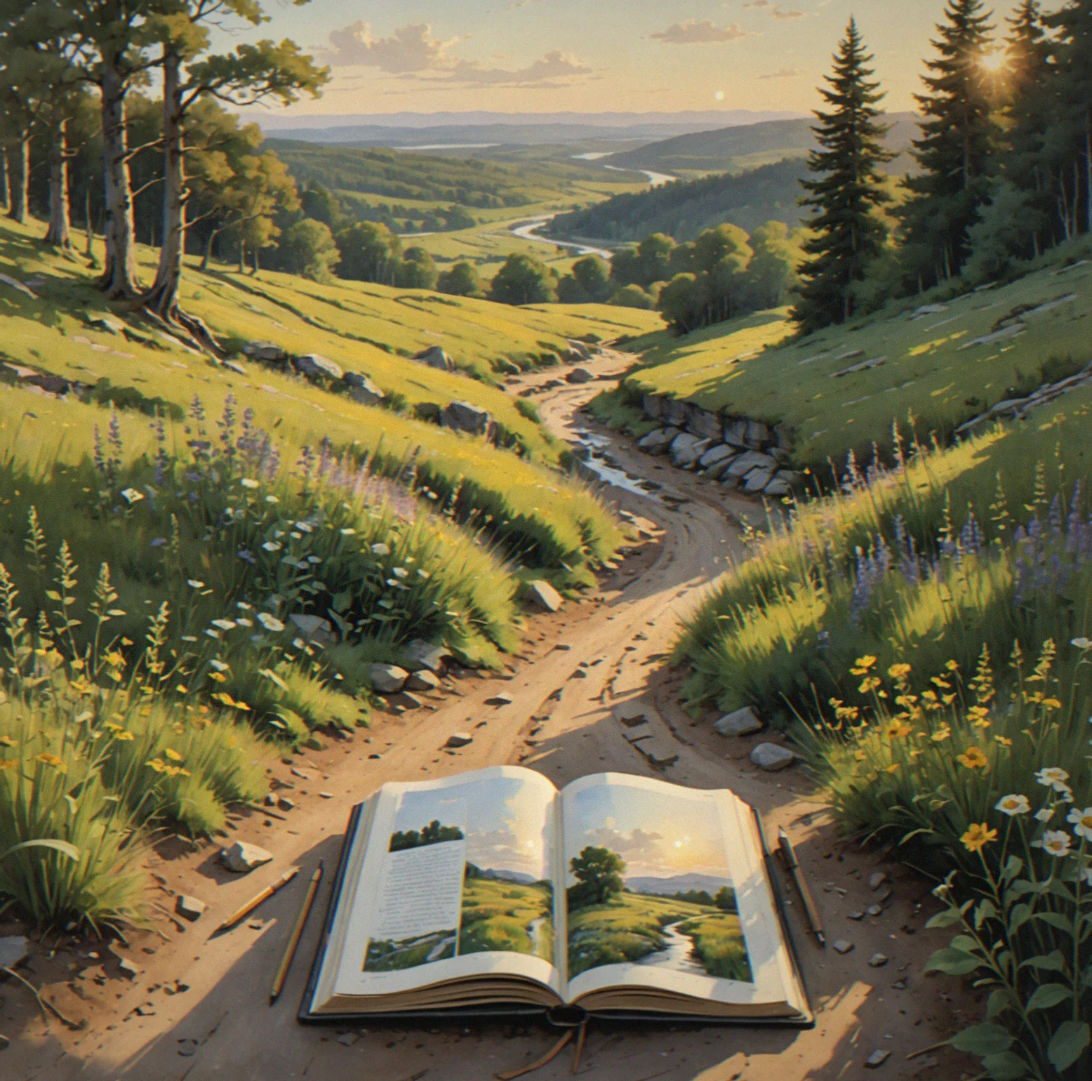 An open sketchbook resting on weathered ground with a pencil, overlooking a distant landscape view